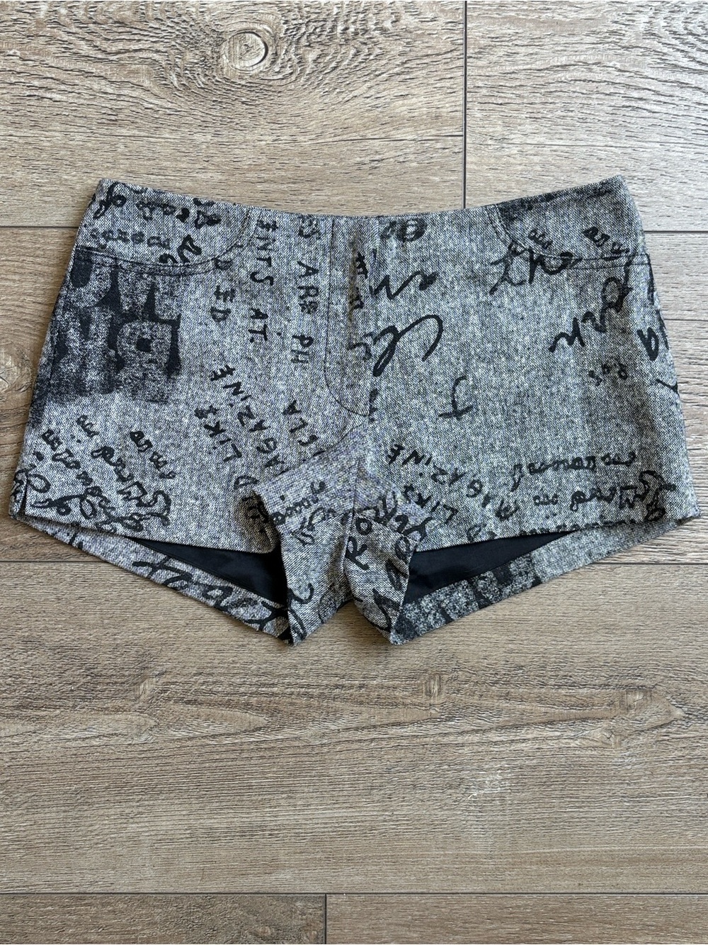 Vintage bebe Tweed Grey & Black Script-Graffiti Print Micro Mini Low Rise Shorts